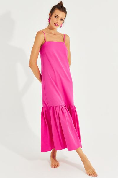 Cool & Sexy Women's Fuchsia Skirt Flounced Strap Midi Dress MEN2001