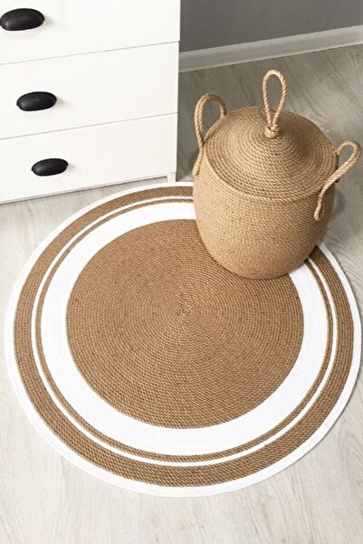 Serstil Krem 3 Şeritli Hasır Yuvarlak Halı Kilim - 110 x 110 cm