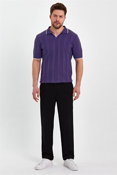 Tarz Cool Μωβ ανδρικό πλεκτό μπλουζάκι πόλο με ριγέ λαιμόκοψη-TRZ19109R03S