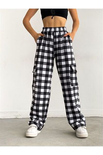 Gofeel Y2K UNISEX ELASTIC WAIST CARGO POCKET DETAIL BLACK AND WHITE PLAID PANTS