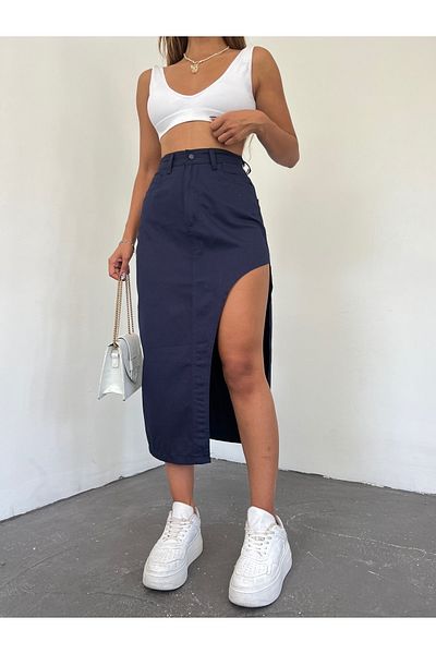 LB Laluna Butik Női, magas derekú, oldalsó hasított, midi hosszúságú farmer szoknya