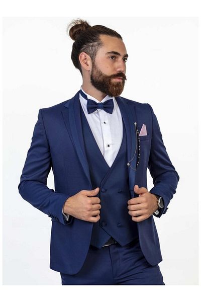 Moda Rabin Costum de mire albastru slim fit (6 picături) cu vestă