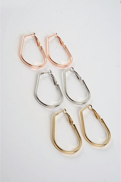 EUROMODA Set of 6 Hoop Earrings with Drop Design, Gold, Silver and Rose Colors and Solitaire