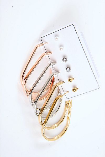 EUROMODA Set of 6 Hoop Earrings with Drop Design, Gold, Silver and Rose Colors and Solitaire