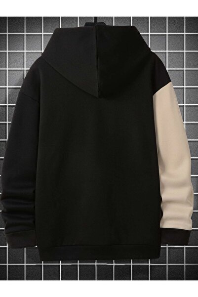 Keywest Büyük Beden Bej-Siyah 'Nasa' Baskılı 3 İplik Kapüşonlu Oversize Cepsiz Sweatshirt/Hoodie