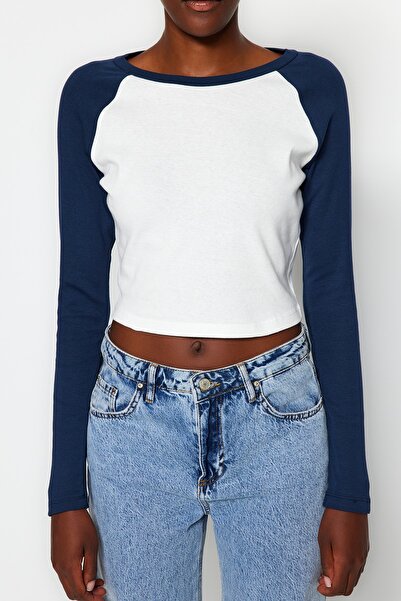 Trendyol Collection Ecru Raglan μανίκι με ραβδώσεις, πλεκτό, πλεκτό μπλουζάκι TWOAW24TS00000