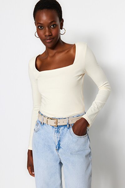 Trendyol Collection Kamenná bavlna Flexibilní halenka s čtvercovým límcem TWOAW24BZ00016