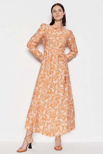 Trendyol Modest Narancssárga öves kendő mintás szőtt ing ruha TCTSS23EB00145