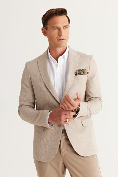 ALTINYILDIZ CLASSICS Ανδρικό μπουφάν σακάκι σε μπεζ λεπτή εφαρμογή Slim Fit γιακά με σχέδιο