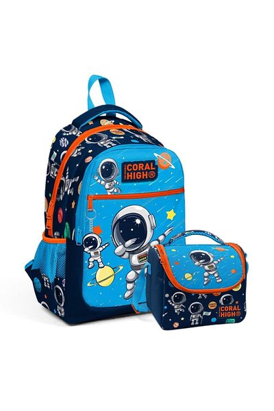 Coral High Rucsac de școală cu trei compartimente și set de nutriție cu model astronaut albastru bleumarin