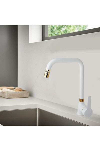 VENİTA Venita Matte White Gold Kitchen Sink Faucet Brass 360 Degree Movable with Aerator Siera