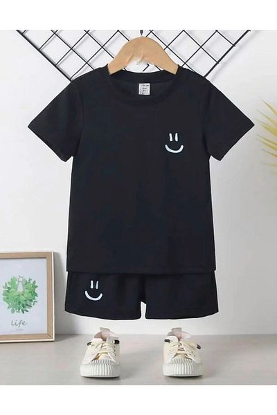 Revasser Tricou unisex pentru fată/băiat Smile cu imprimeu personalizat din bumbac pieptănat cu decolteu rotund - Set de pantaloni scurți