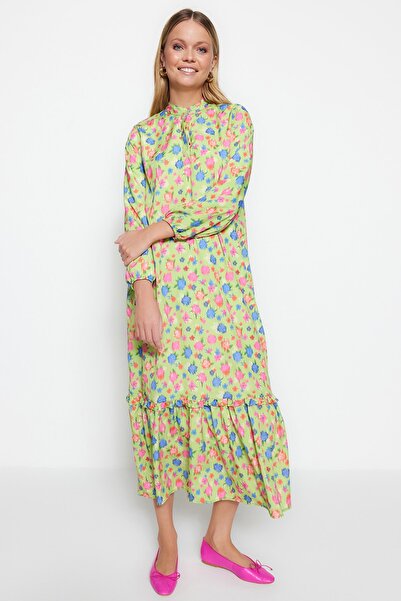 Trendyol Modest Σκούρο πράσινο φλοράλ στάμπα φούστα μισής πατιλέτας, υφαντό φόρεμα με φόδρα με βολάν