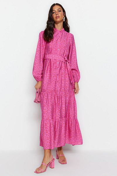 Trendyol Modest Fustă roz cu brâu Rochie țesută cu căptușeală cu model de flori TCTSS23EB00294