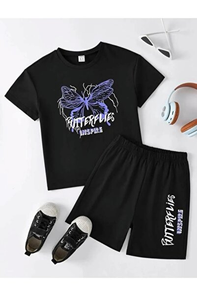 Revasser Дівчача футболка з коміром-стійкою з принтом «Метелики» та шорти
