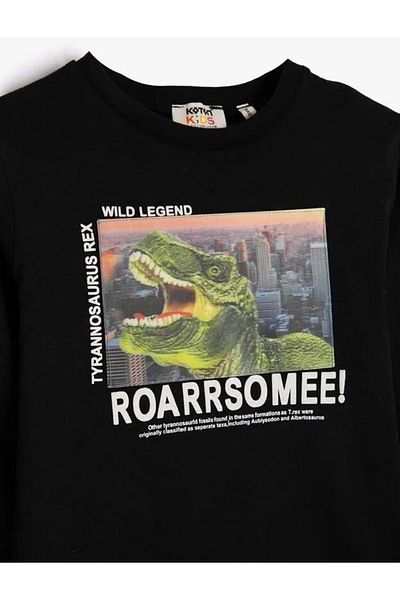 Koton Boy's Dinosaur T-Shirt Hologram Detailed Long Sleeve Crew Neck Cotton BLACK