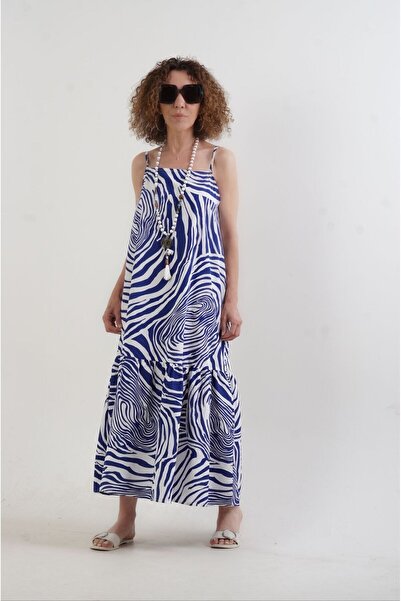 Zelish My Sister Lacivert Zebra Desen Askılı Elbise