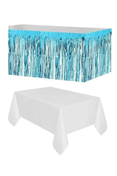 FOKUL مفرش طاولة بلاستيكي أبيض - تنورة طاولة معدنية زرقاء