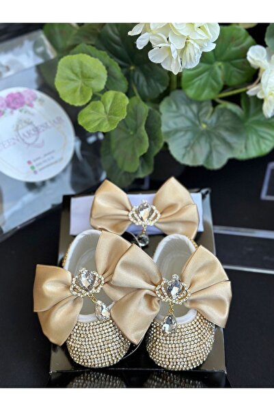 QUEEN AKSESUAR Luxury crystal rhinestone plated baby girl design shoes booties hair band caramel bow princess brooch