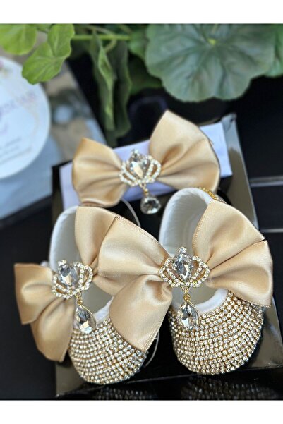 QUEEN AKSESUAR Luxury crystal rhinestone plated baby girl design shoes booties hair band caramel bow princess brooch