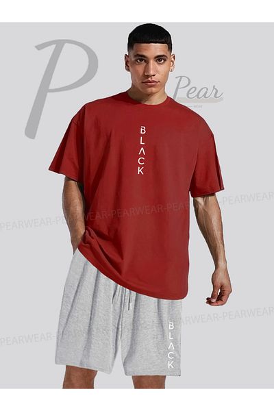 Pear Wear Tricou oversize Imprimat NEGRU Pantaloni scurți de culoare normală Set dublu