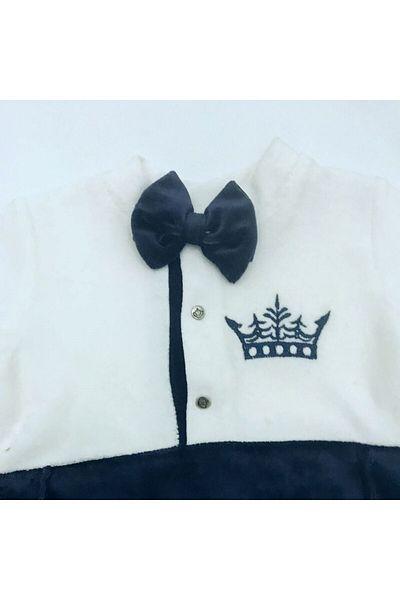 Eda Baby Velvet Jumpsuit with Bow Tie, Cap, Hat and Booties, Navy Blue