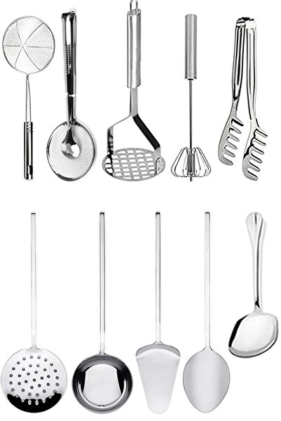 Trouvaille 10 Piece Presentation Preparation Service, Potato Masher, Pasta Tongs, Colander, Salad Tongs Kitchen Set