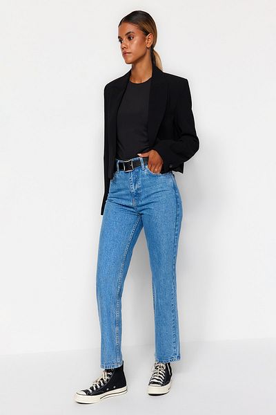 Trendyol Collection Blugi drepti albastri cu talie înaltă TWOAW24JE00061