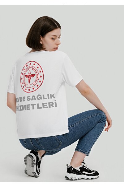 Evde Sağlık Hizmetleri Tişört Beyaz Kadın %100 Pamuk Rahat Kalıp Bisiklet Yaka