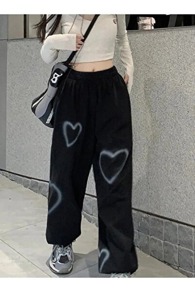 Gofeel Pantaloni de trening unisex Harajuku cu detaliu inimă, supradimensionați