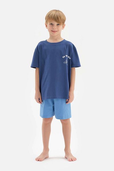 Dagi Blue Slogan Detailed Crew Neck Short Sleeve T-Shirt Shorts Pajama Set