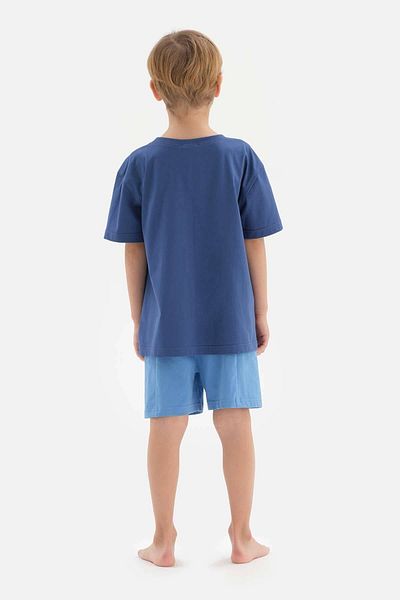 Dagi Blue Slogan Detailed Crew Neck Short Sleeve T-Shirt Shorts Pajama Set