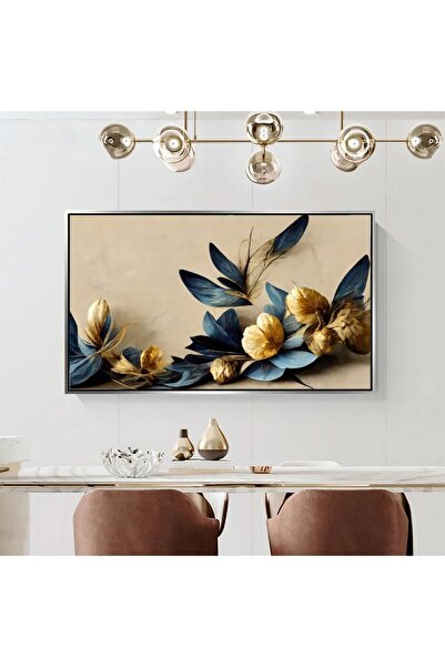 Markazip Petrol Mavisi Altın Çiçekler Metal Çerçeveli Kanvas Tablo 70x120cm K...