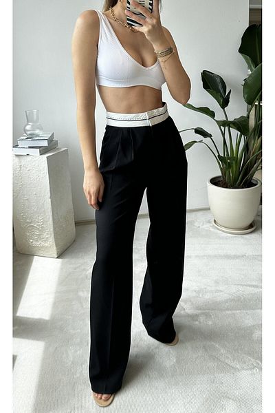 NET OF NOT High Waist Black Palazzo Trousers with Reverse Belt Detail