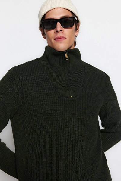 Trendyol Collection Turtleneck Khaki Knitwear Sweater - Regular Fit, Wool, Zippered Tmnaw22Kz0347