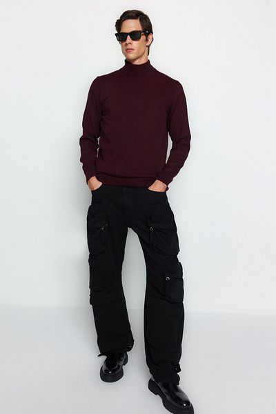 Trendyol Collection Burgunderroter Slim-Fit-Wollpullover mit halbem Rollkragen und Basic-Strickpullover TMNAW21KZ1595