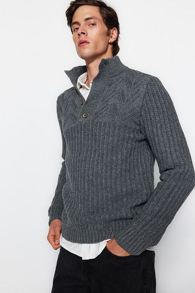 Trendyol Collection Γκρι Unisex κανονική εφαρμογή μάλλινο πλεκτό πουλόβερ με κουμπιά μισό ψαρά TMNAW22KZ0327