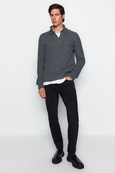Trendyol Collection Γκρι Unisex κανονική εφαρμογή μάλλινο πλεκτό πουλόβερ με κουμπιά μισό ψαρά TMNAW22KZ0327
