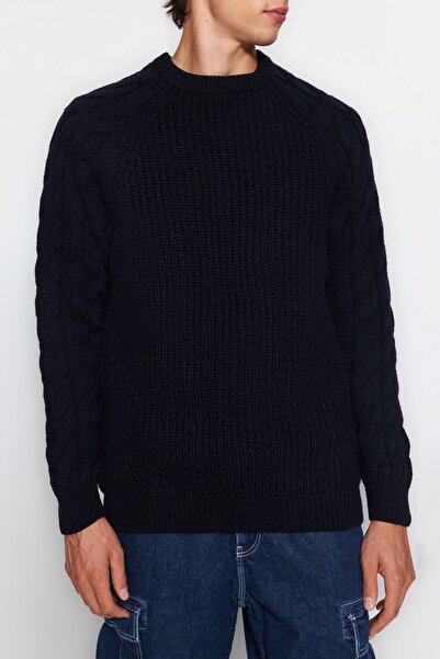 Trendyol Collection Sötétkék alkalmi uniszex normál szabású gyapjú nyakú, kötött részletes kötöttáru pulóver TMNAW22KZ2059