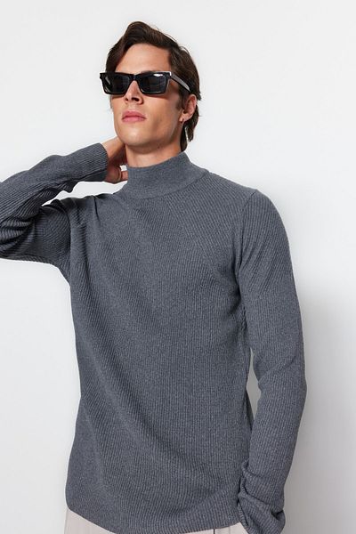 Trendyol Collection Πλεκτό πουλόβερ Unisex Dark Corded - Βαμβακερό, μισό ζιβάγκο, στενή εφαρμογή TMNAW21KZ0553