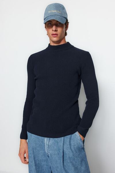 Trendyol Collection Pamut sötétkék-antracit kötöttáru pulóver - vékony szabású, félgumi, 2 csomag TMNAW22KZ1919