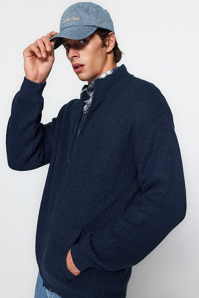 Trendyol Collection Indigo Regular Fit - Basic Knitwear Cardigan with Zipper and Pockets TMNAW24HI00002