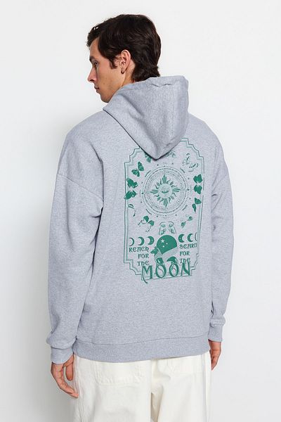 Trendyol Collection Φούτερ Space Pattern Γκρι Fleece - Oversize με κουκούλα, ζεστό TMNAW23sw00344