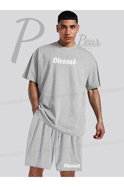 Pear Wear تي شيرت مطبوع كبير الحجم بقصة عادية، طقم شورت تي شيرت مزدوج