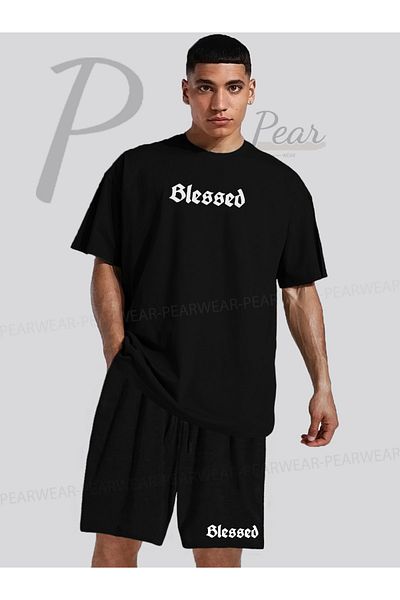 Pear Wear Blessed Printed Oversize T-Shirt Regular Fit Shorts T-Shirt Shorts Double Set