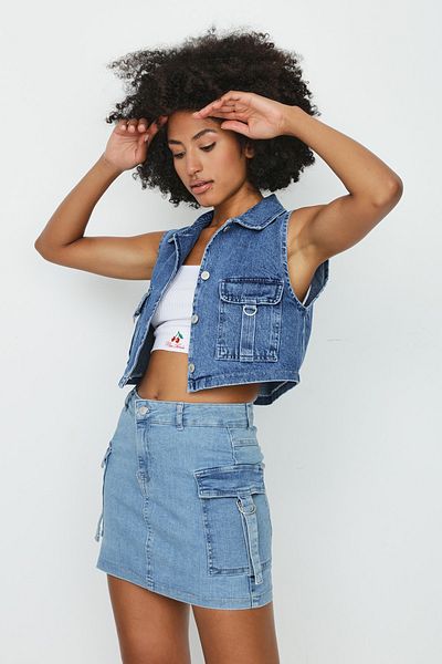 Select Moda Vestă de damă din denim albastru cu buzunar cu nasturi