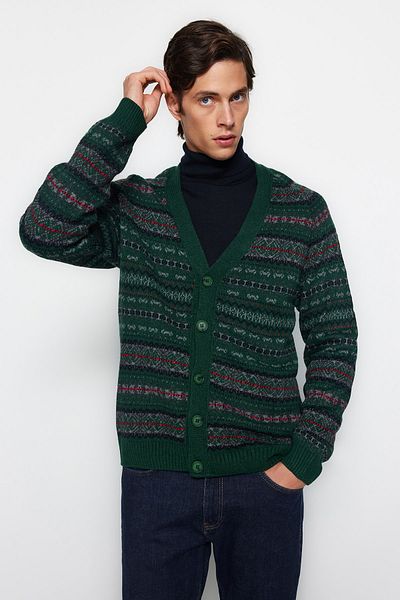 Trendyol Collection Green V-Neck Jacquard Slim Fit Knitwear Cardigan - Tmnaw20Hi0029