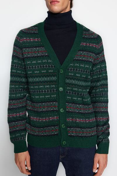 Trendyol Collection Green V-Neck Jacquard Slim Fit Knitwear Cardigan - Tmnaw20Hi0029