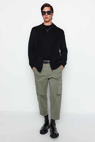 Trendyol Collection Black Regular Fit Wool Knit Detailed Zipper Pocket Knitwear Cardigan Tmnaw21Hi0349