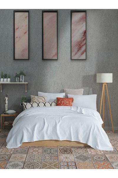 destinyhometex White Double 200 X 240cm Bedspread/2 Pieces 50x70cm Pillow 4 Layers Multi Muslin 100% Cotton